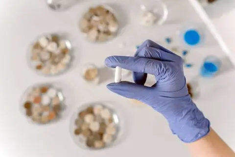 Close-up of a gloved hand holding a white capsule in a lab environment.